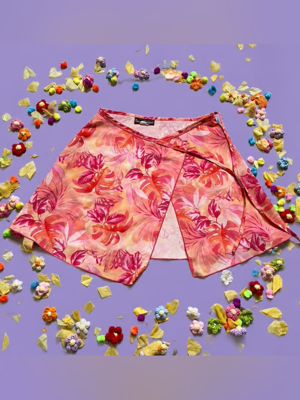 Women's Pink Tropical Tie-Waist Swim Coverup Wrap Skirt